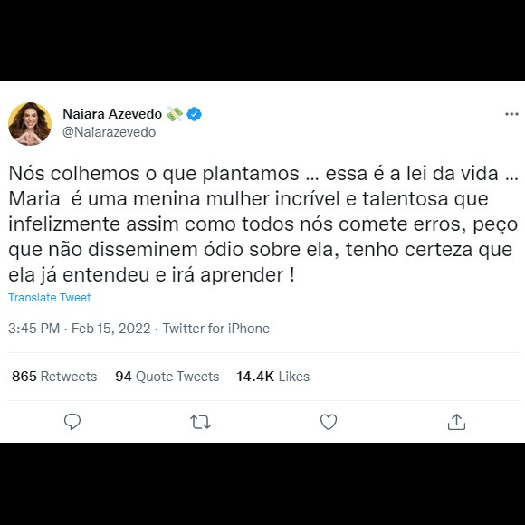 BBB 22: Naiara Azevedo pediu para que o público não fosse agressivo com Maria