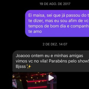 Maisa Silva já tinha recebido mensagem privada de João Gomes em 2017, quando cantor disse amá-la