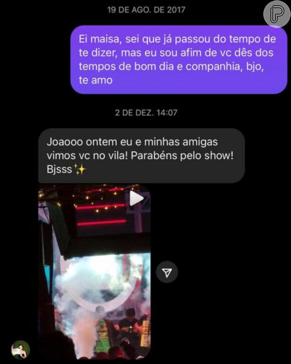 Maisa Silva já tinha recebido mensagem privada de João Gomes em 2017, quando cantor disse amá-la