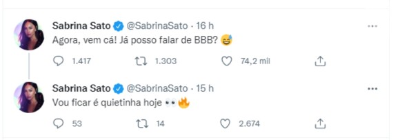 Sabrina Sato brinca sobre comentar o 'BBB 22'