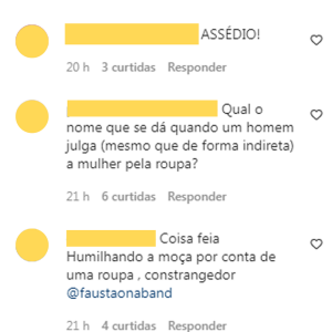 Faustão recebeu críticas nas redes. 'Qual o nome que se dá quando um homem julga (mesmo que de forma indireta) a mulher pela roupa?', provocou uma internauta