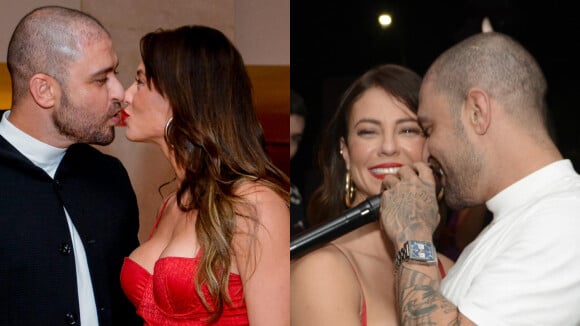 Paolla Oliveira, de look e batom vermelho, troca beijos com Diogo Nogueira e dança coladinho com cantor