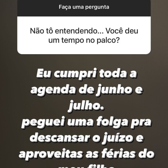 Simone: 'Eu cumpri toda a agenda de junho e julho. Peguei uma folga pra descansar o juízo e aproveitar as férias do meu filho'