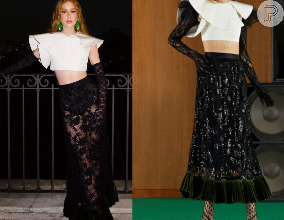 A saia escolhida por Marina Ruy Barbosa trazia detalhes na barra: o modelo é da marca italiana Gucci