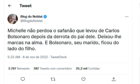 Suposta agressão de Carlos Bolsonaro a Michelle foi revelada por Ricardo Noblat através do Twitter