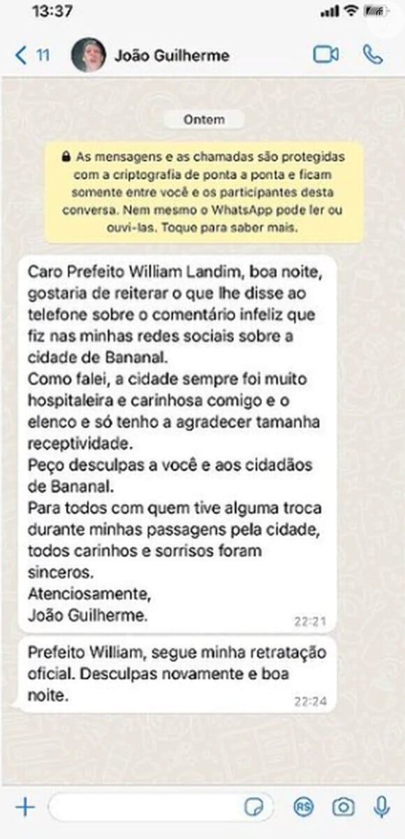 João Guilherme mandou pedido de desculpas privado à prefeito da cidade de Bananal (SP)
