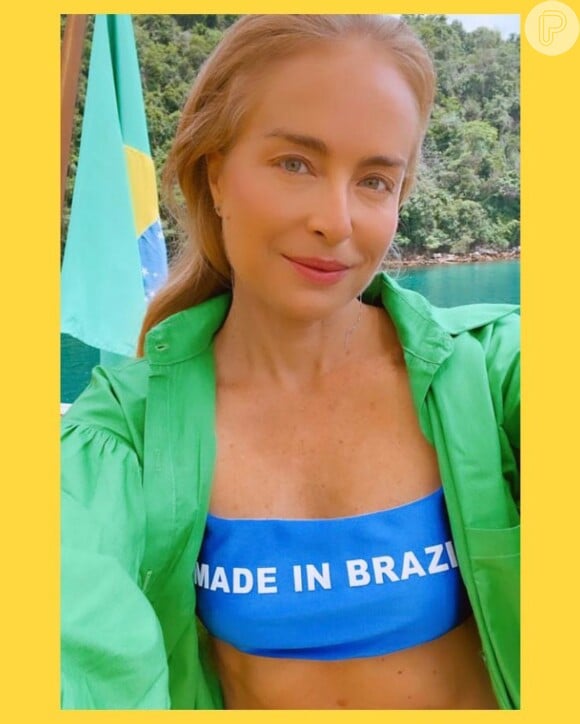 Biquíni azul usado por Angélica tem a frase 'Made in Brazil' no rosto