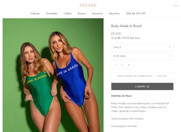Maiô da marca Sou Feline da coleção Made In Brazil está disponível nas cores verde e azul por R$ 400 no site