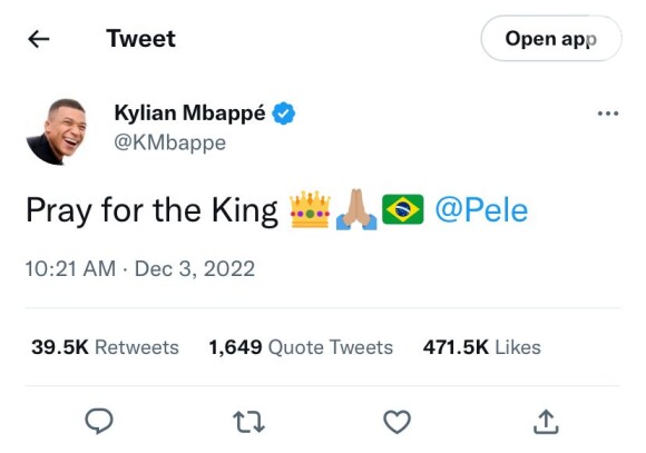 Jogador francês Mbappé pede orações por Pelé no Twitter