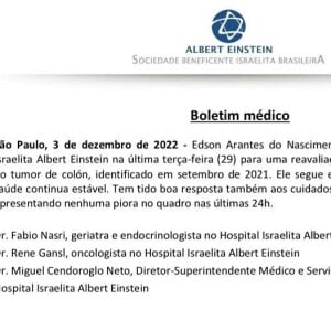 Estado de saúde de Pelé foi atualizado em comunicado do Hospital Albert Einstein