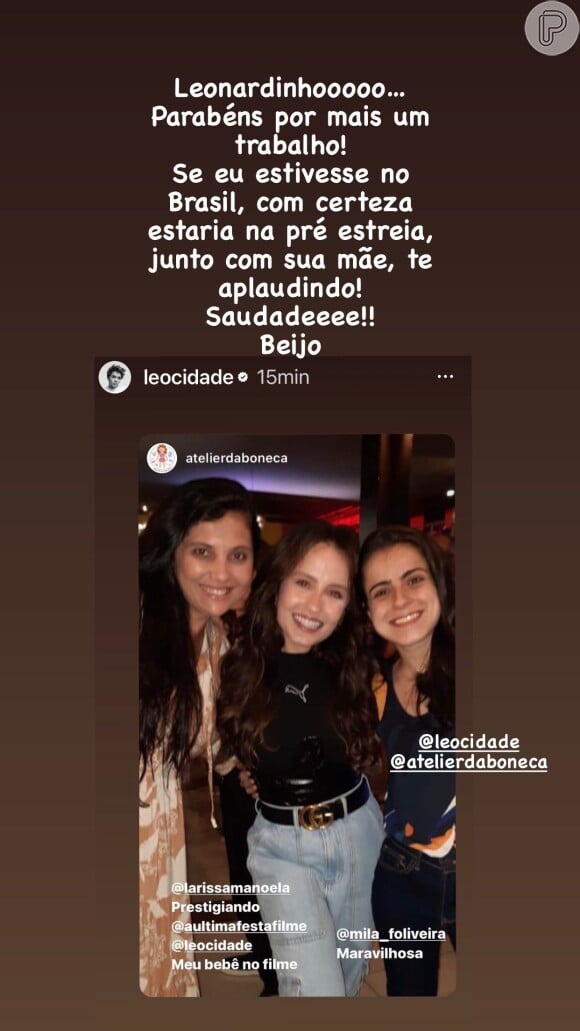 Ex de Larissa Manoela e ator do filme 'A Última Chance', Leo Cidade ganhou mensagem carinhosa da mãe da atriz, Silvana: 'Parabéns por mais um trabalho!'