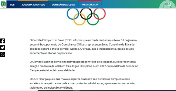 Comitê Olímpico Brasileiro também fez uma nota sobre o caso de Wallace
