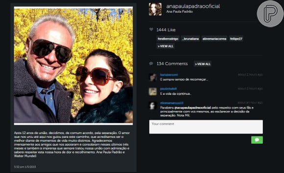 Ana Paula Padrão postou o comunicado em sua conta oficial do Instagram na tarde desta segunda-feira, 5 de janeiro de 2015