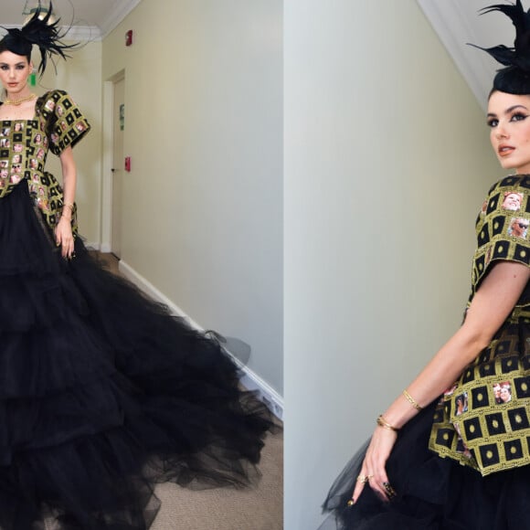 Exclusivo! Camila Queiroz usa vestido com mood vintage feito com fotos no Baile da Vogue