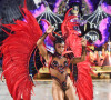 Fantasia de carnaval de Dandara Mariana para o desfile do Salgueiro utilizou centenas de penas sintéticas de faisão