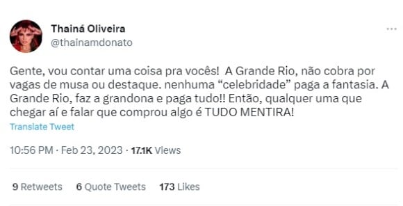 Filha do presidente da Grande Rio comentou sobre famosa que teria causado incômodo na escola nas redes sociais