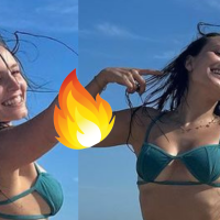 De biquíni, Larissa Manoela exibe corpo enxuto em fotos na praia e fã brinca: 'Por que essa sereia tá na areia?'