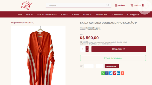 Gloria Maria: site Hug Shop aceita pagamentos parcelados em até 6x sem juros no cartão de crédito, com parcelas mínimas a partir de R$ 200