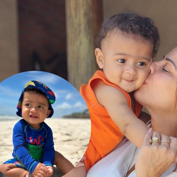 Joaquim, filho de Viviane Araujo, aproveita seu primeiro dia de praia