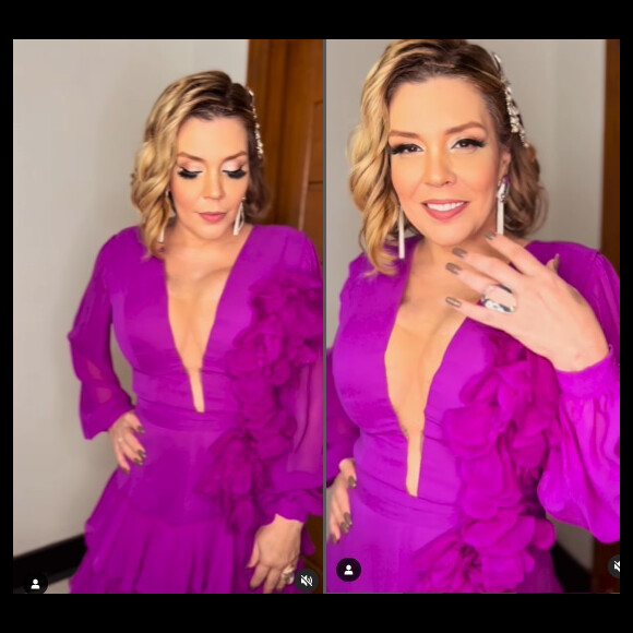 Simony usou vestido de seda roxo com decote profundo e repleto de aplicações
