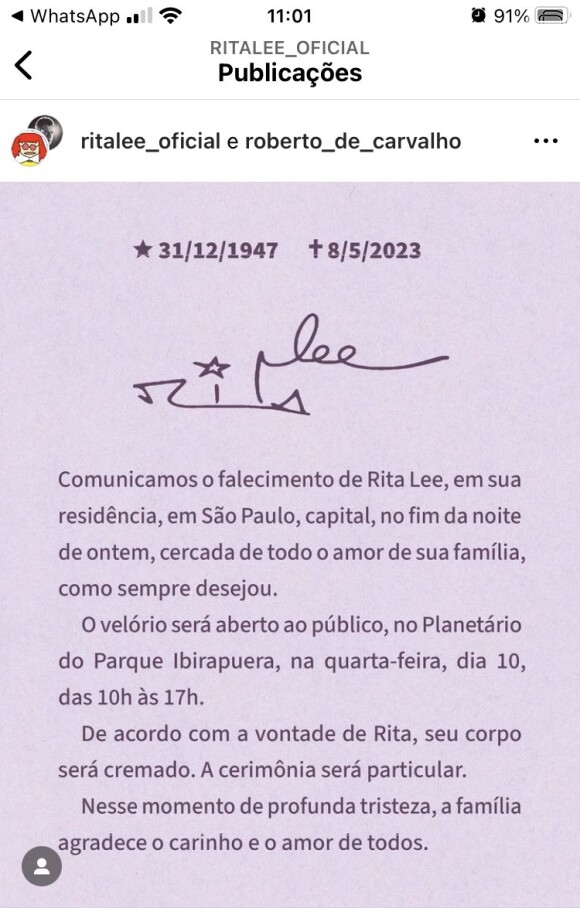 Morte de Rita Lee foi comunicada em post da família da artista