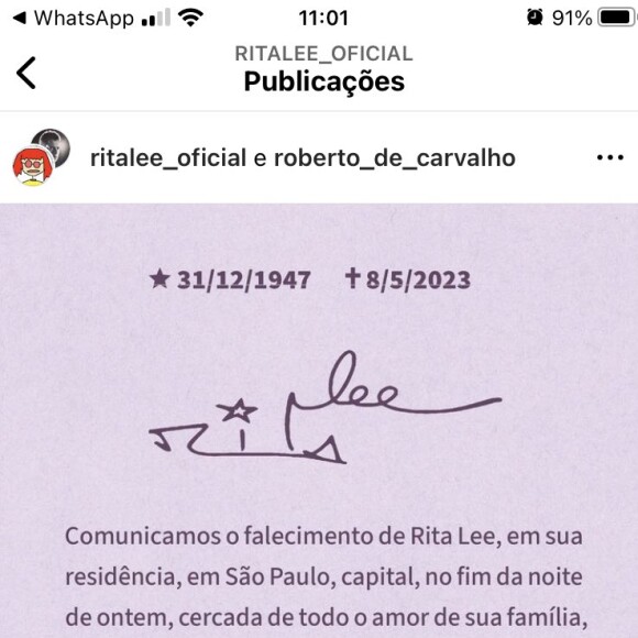 Morte de Rita Lee foi comunicada em post da família da artista
