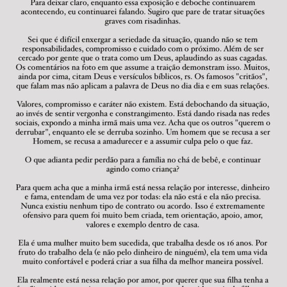 Bianca Biancardi, irmã de Bruna, publicou um texto sobre o comportamento de Neymar