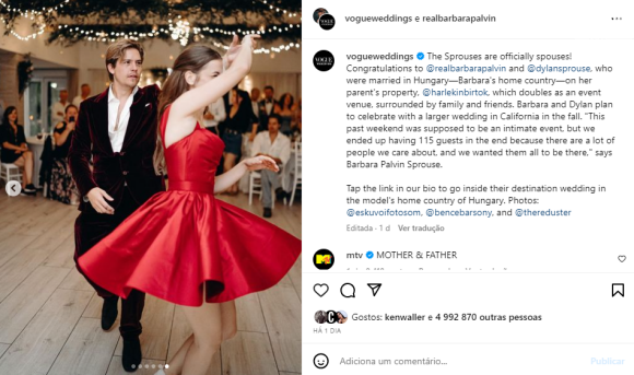 Barbara Palvin contou que após a meia-noite há uma tradição na Hungria que a noiva tem que usar um vestido vermelho.