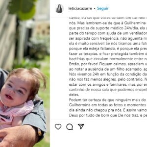 Letícia Cazarré explicou que a filha precisa de cuidados e ainda não pode ter contato com outras pessoas