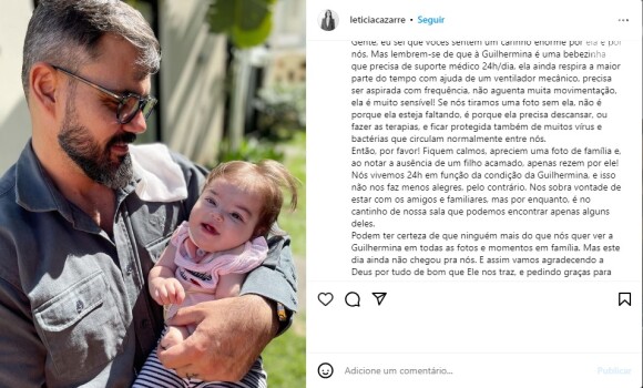 Letícia Cazarré explicou que a filha precisa de cuidados e ainda não pode ter contato com outras pessoas