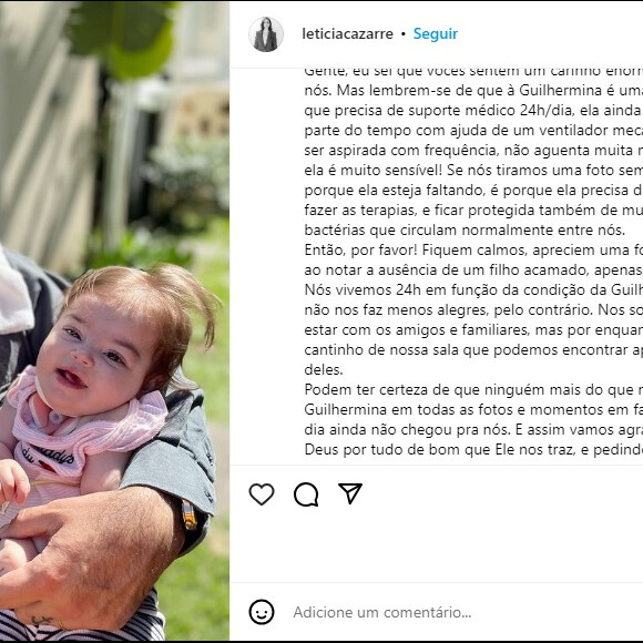 Letícia Cazarré explicou que a filha precisa de cuidados e ainda não pode ter contato com outras pessoas