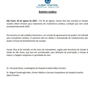 O Boletim Médico deste domingo, 20 de agosto de 2023, indica que Faustão já está na fila do transplante