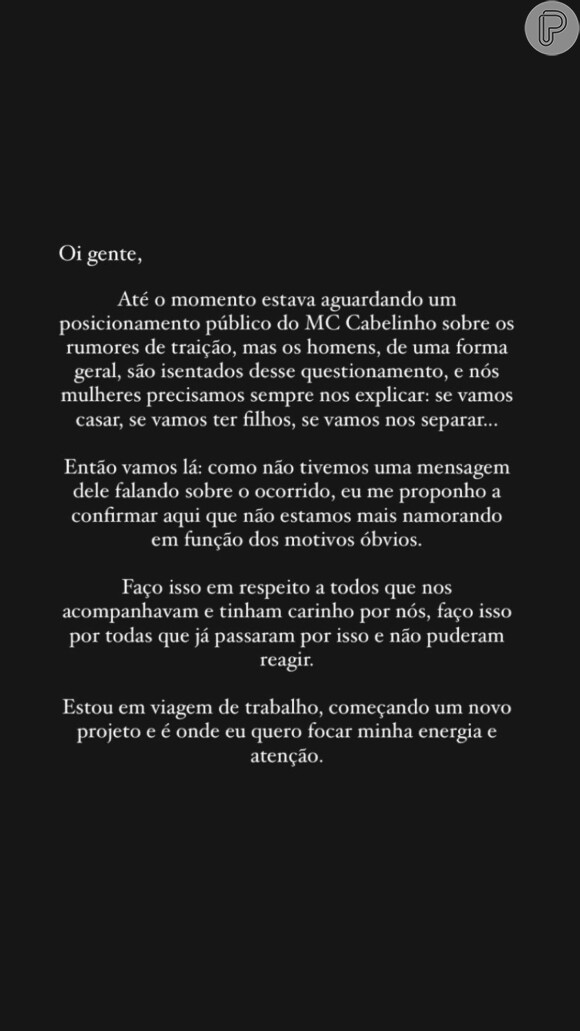 Namoro de Bella Campos e MC Cabelinho chegou ao fim e atriz criticou o fato de só ela ter sido cobrada para se pronunciar