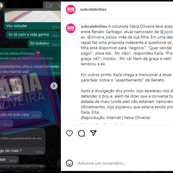 Troca de mensagens entre namorado de Jojo e a ex foi exposta