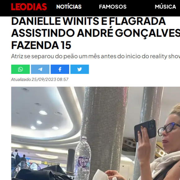 Danielle Winits foi flagrada em um aeroporto e leitor de Leo Dias garante que ela estava assistindo a cenas de André Gonçalves em 'A Fazenda'