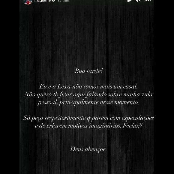 MC Guimê pediu para que nenhuma especulação fosse feita sobre seu término com Lexa