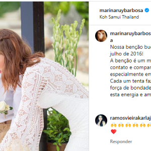 Um vestido de noiva que Marina Ruy Barbosa não deve usar é esse de renda de quando ela participou de uma cerimônia budista na Tailândia em 2016