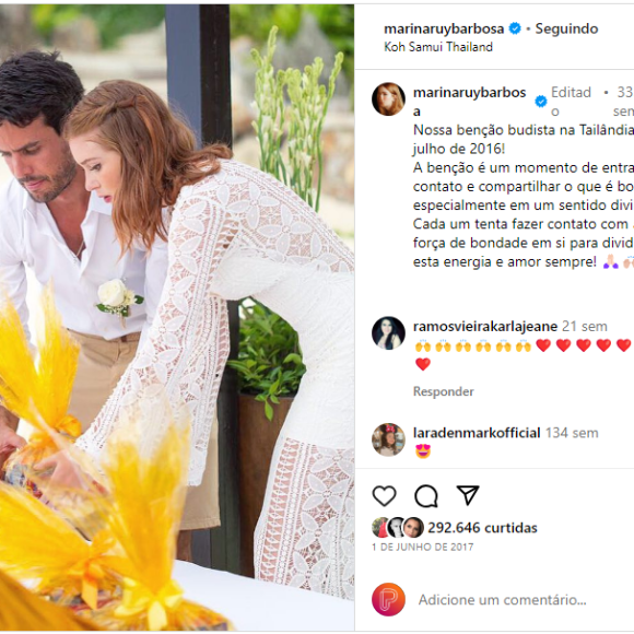Um vestido de noiva que Marina Ruy Barbosa não deve usar é esse de renda de quando ela participou de uma cerimônia budista na Tailândia em 2016