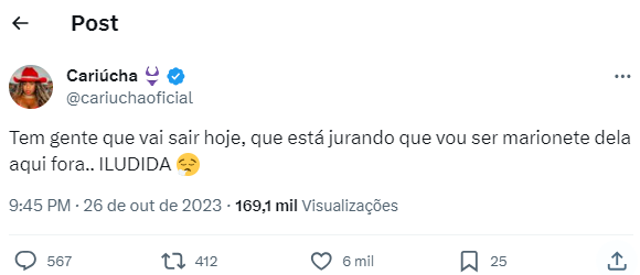Cariúcha manda indireta, reta para Simioni no Twitter e garantirá que não será marionete de ninguém
