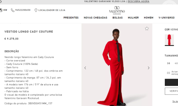 Vestido de Marina Ruy Barbosa e Andressa Suita custa 9.275 euros (o equivalente a R$ 49.450 na atual cotação) e está disponível no site oficial da marca