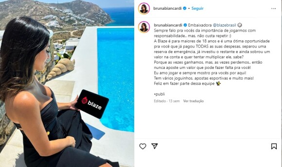 Bruna Biancardi se tornou embaixadora da empresa Blaze e fez diversas publicidades para a marca no Instagram antes da polêmica