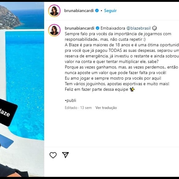 Bruna Biancardi se tornou embaixadora da empresa Blaze e fez diversas publicidades para a marca no Instagram antes da polêmica