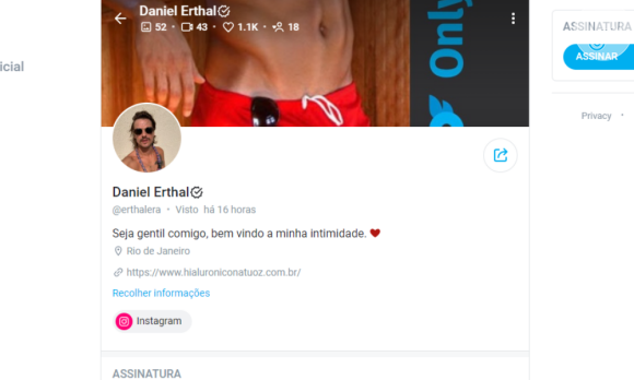 Perfil de Daniel Erthal no OnlyFans está sem atualização desde abril, mas ainda está disponível para assinatura por R$ 100