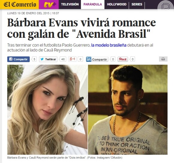 O jornal 'El Comercio' noticiou a estreia de Bárbara Evans como par romântico de Cauã Reymond
