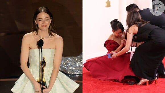 No Oscar 2024, Emma Stone sofre com problemas no vestido e atriz cai no tapete vermelho! Veja os perrengues