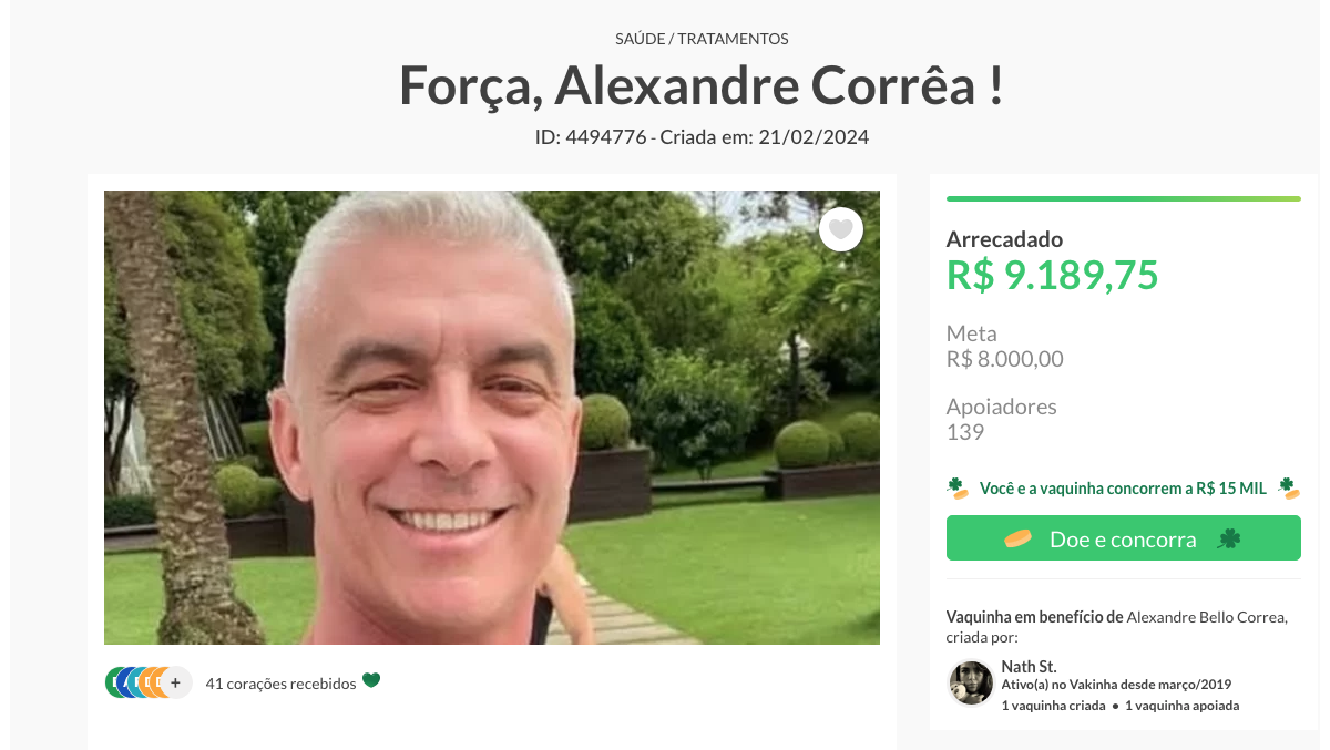 Foto: Até o momento, Alexandre Correa já arrecadou quase R$ 9,2 mil ...