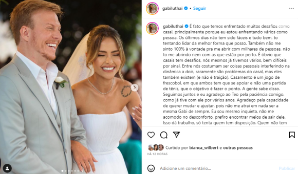 Gabi Luthai se manifesta no Instagram sobre o boato do fim do casmento com Téo Teló