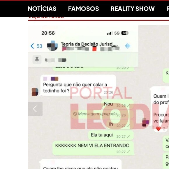 Em prints divulgados por Leo Dias, uma primeira aluna questiona: 'A Todynho foi?'. Gabriela responde que não e apaga uma mensagem. 'Ih, ela tá aqui. Nem vi', escreveu