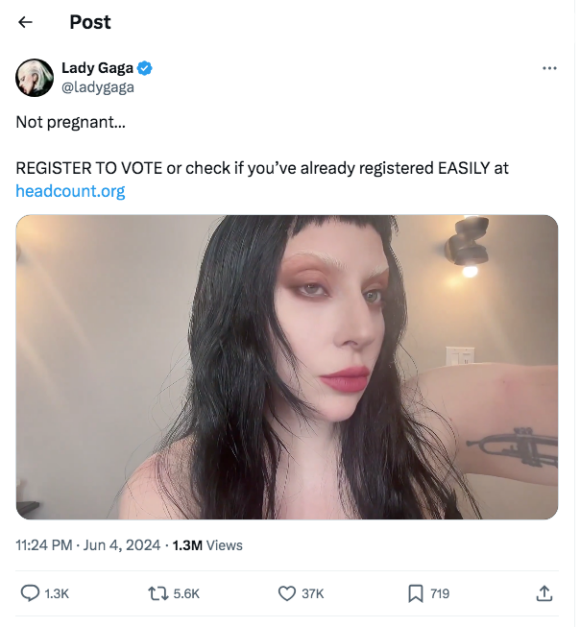 Já no X, antigo Twitter, Lady Gaga voltou a negar a gravidez em um vídeo piscando.