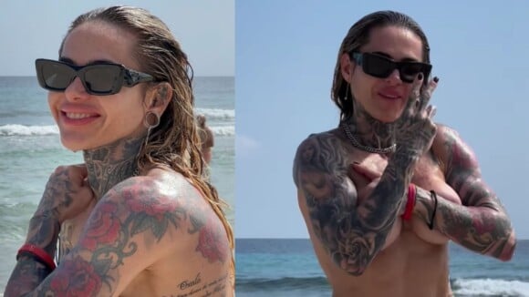 Esposa de Monique Evans, Cacá Werneck faz topless e exibe corpo tatuado em viagem de lua de mel: 'Peito lindo'